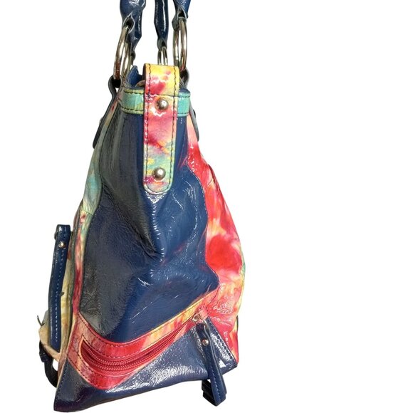 Omar Sharif Tote Bag Tie Dye Large Patent Leather Pockets Dual Handles Colorful - Picture 4 of 15